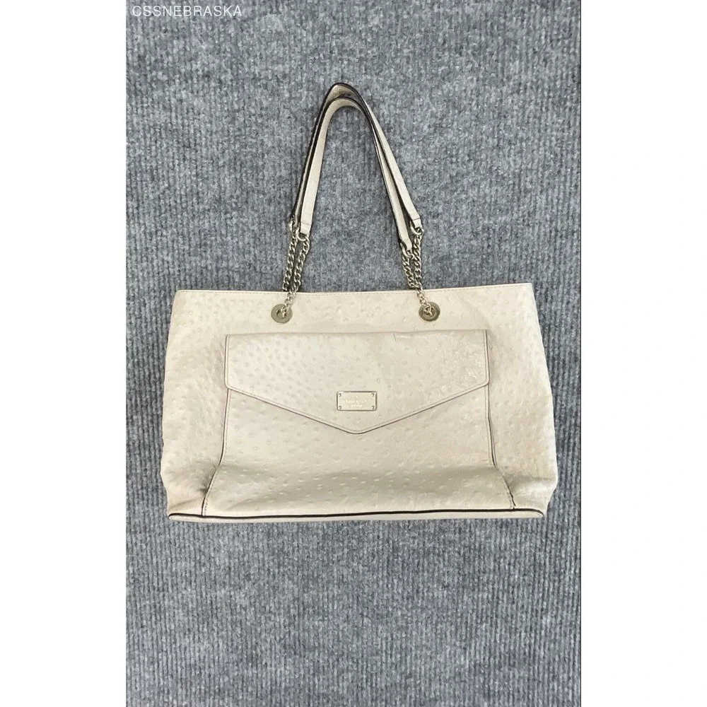 Kate Spade Cream Ostrich Embossed Leather Tote Bag Large Chain Handle